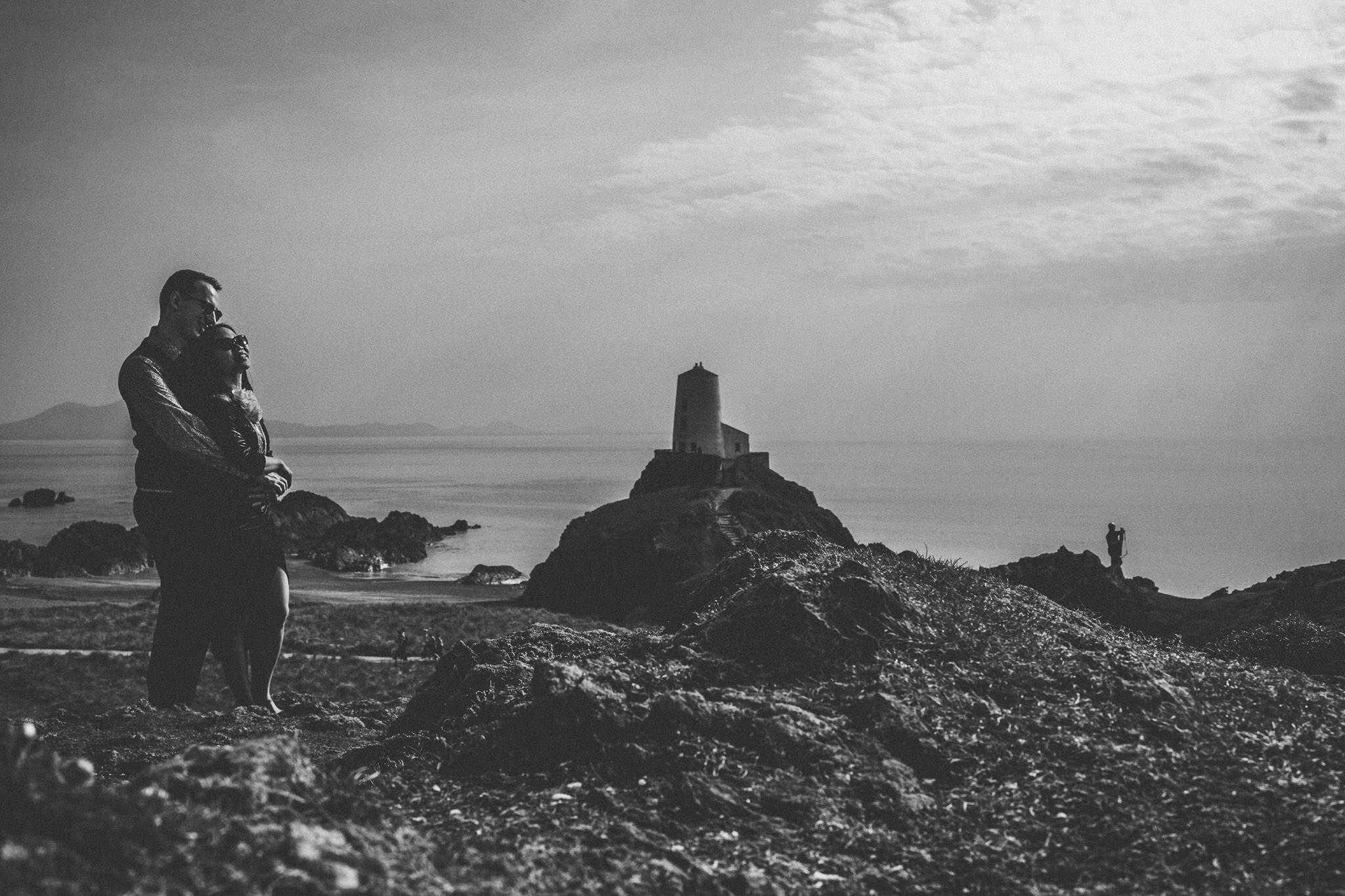 Wedding portrait with Tŵr Mawr lighthouse, Anglesey.