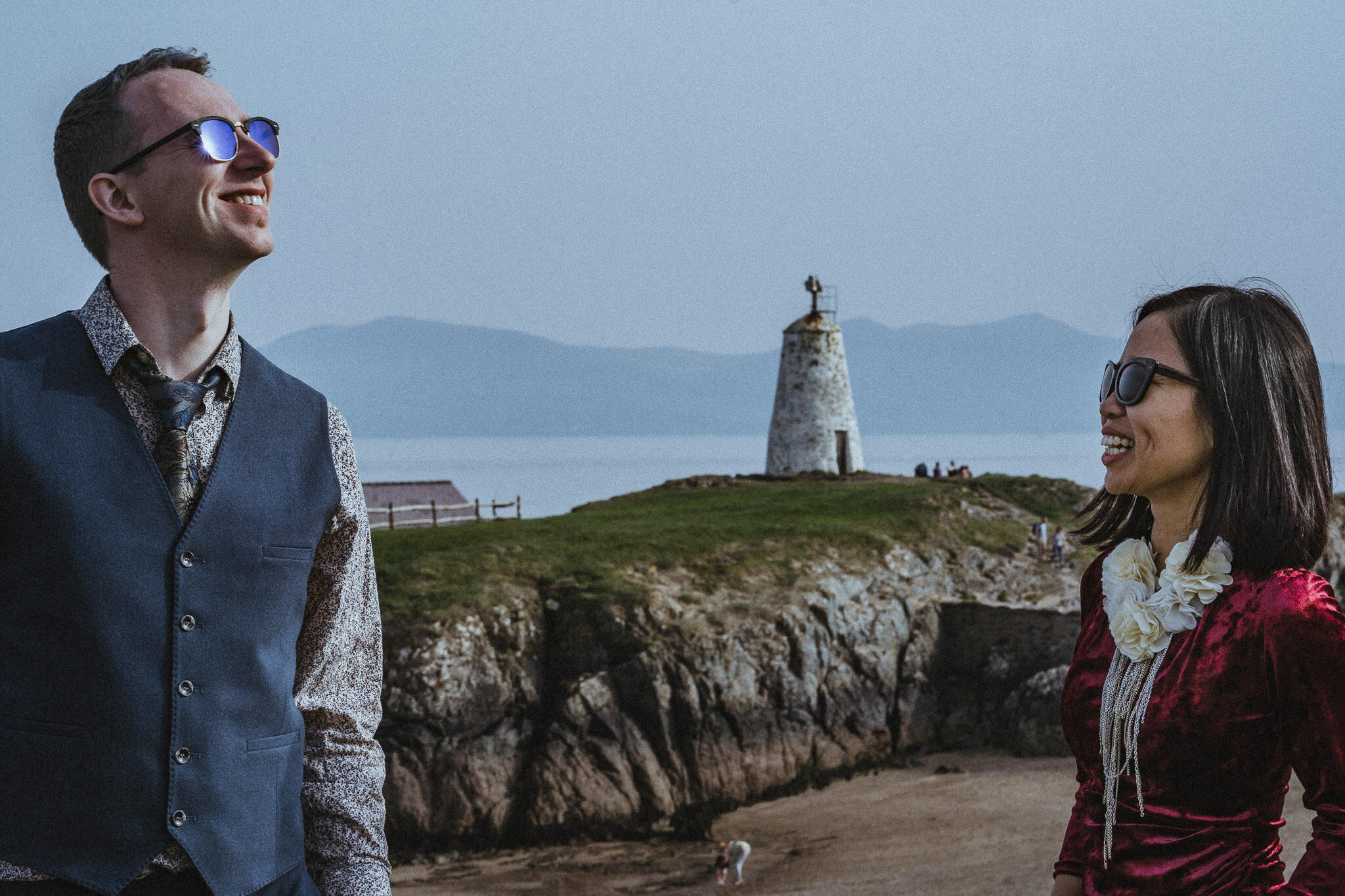 Wedding portrait with Tŵr Bach lighthouse, Anglesey.
